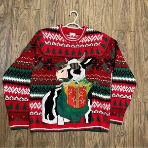 Holiday Time Red and Green Cow Crewneck Sweater